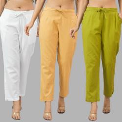 Combo of 3 Women Trouser Pants Cotton Flax White Beige and Olive Green-11704