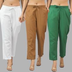 Combo of 3 Women Trouser Pants Cotton Flax White Brown and Bottle Green-11710