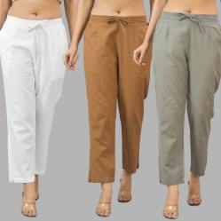 Combo of 3 Women Trouser Pants Cotton Flax White Brown and Gray-11708