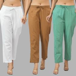 Combo of 3 Women Trouser Pants Cotton Flax White Brown and Green-11707