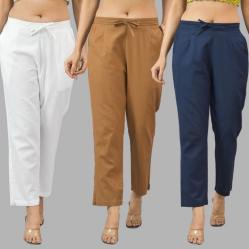 Combo of 3 Women Trouser Pants Cotton Flax White Brown and Navy Blue-11706