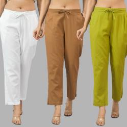 Combo of 3 Women Trouser Pants Cotton Flax White Brown and Olive Green-11709