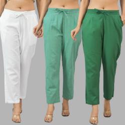 Combo of 3 Women Trouser Pants Cotton Flax White Green and Bottle Green-11717