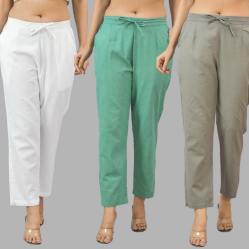 Combo of 3 Women Trouser Pants Cotton Flax White Green and Gray-11715