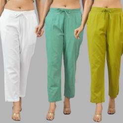 Combo of 3 Women Trouser Pants Cotton Flax White Green and Olive Green-11716