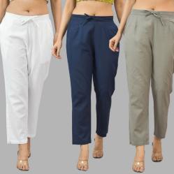 Combo of 3 Women Trouser Pants Cotton Flax White Navy Blue and Gray-11712