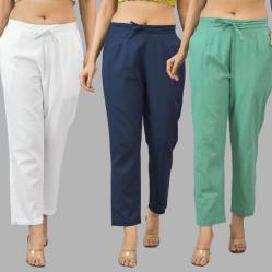Combo of 3 Women Trouser Pants Cotton Flax White Navy Blue and Green-11711