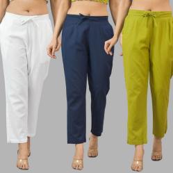 Combo of 3 Women Trouser Pants Cotton Flax White Navy Blue and Olive Green-11713