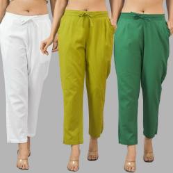 Combo of 3 Women Trouser Pants Cotton Flax White Olive Green and Bottle Green-11720