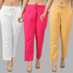 Combo of 3 Women Trouser Pants Cotton Flax White Pink and Beige-11693