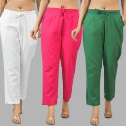 Combo of 3 Women Trouser Pants Cotton Flax White Pink and Bottle Green-11699