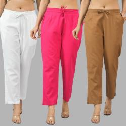 Combo of 3 Women Trouser Pants Cotton Flax White Pink and Brown-11694