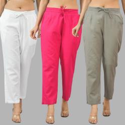 Combo of 3 Women Trouser Pants Cotton Flax White Pink and Gray-11697