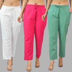 Combo of 3 Women Trouser Pants Cotton Flax White Pink and Green-11696