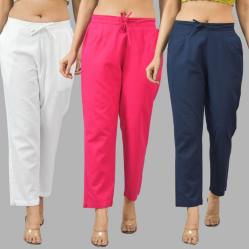 Combo of 3 Women Trouser Pants Cotton Flax White Pink and Navy Blue-11695