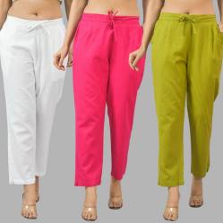 Combo of 3 Women Trouser Pants Cotton Flax White Pink and Olive Green-11698