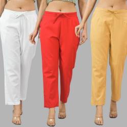 Combo of 3 Women Trouser Pants Cotton Flax White Red and Beige-11669
