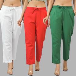 Combo of 3 Women Trouser Pants Cotton Flax White Red and Bottle Green-11675