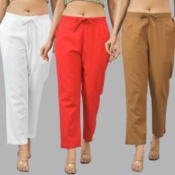 Combo of 3 Women Trouser Pants Cotton Flax White Red and Brown-11670
