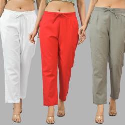 Combo of 3 Women Trouser Pants Cotton Flax White Red and Gray-11673