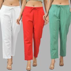 Combo of 3 Women Trouser Pants Cotton Flax White Red and Green-11672