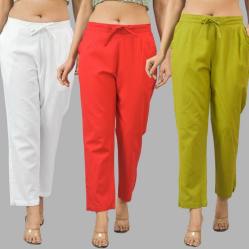 Combo of 3 Women Trouser Pants Cotton Flax White Red and Olive Green-11674