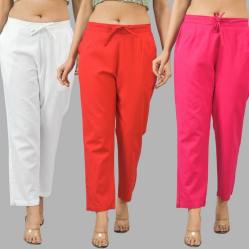 Combo of 3 Women Trouser Pants Cotton Flax White Red and Pink-11668