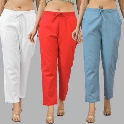 Combo of 3 Women Trouser Pants Cotton Flax White Red and Sky Blue-11667