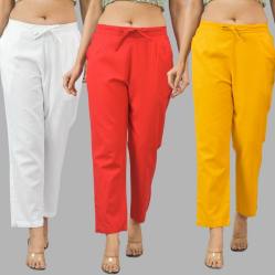 Combo of 3 Women Trouser Pants Cotton Flax White Red and Yellow-11666