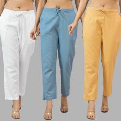 Combo of 3 Women Trouser Pants Cotton Flax White Sky Blue and Beige-11686