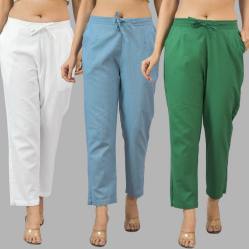 Combo of 3 Women Trouser Pants Cotton Flax White Sky Blue and Bottle Green-11692