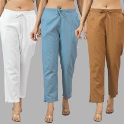 Combo of 3 Women Trouser Pants Cotton Flax White Sky Blue and Brown-11687