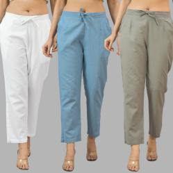 Combo of 3 Women Trouser Pants Cotton Flax White Sky Blue and Gray-11690
