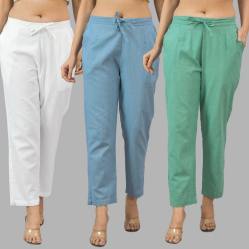 Combo of 3 Women Trouser Pants Cotton Flax White Sky Blue and Green-11689