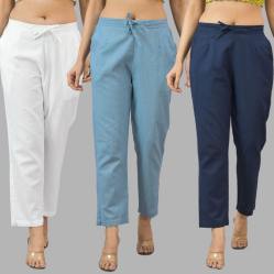 Combo of 3 Women Trouser Pants Cotton Flax White Sky Blue and Navy Blue-11688