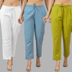 Combo of 3 Women Trouser Pants Cotton Flax White Sky Blue and Olive Green-11691