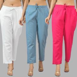 Combo of 3 Women Trouser Pants Cotton Flax White Sky Blue and Pink-11685