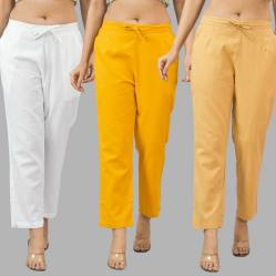 Combo of 3 Women Trouser Pants Cotton Flax White Yellow and Beige-11678