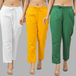 Combo of 3 Women Trouser Pants Cotton Flax White Yellow and Bottle Green-11684