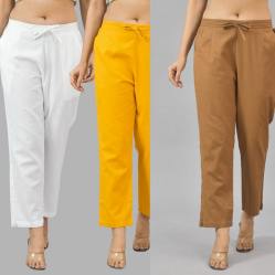 Combo of 3 Women Trouser Pants Cotton Flax White Yellow and Brown-11679