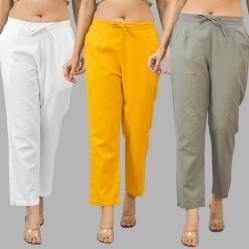 Combo of 3 Women Trouser Pants Cotton Flax White Yellow and Gray-11682