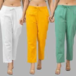 Combo of 3 Women Trouser Pants Cotton Flax White Yellow and Green-11681
