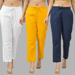 Combo of 3 Women Trouser Pants Cotton Flax White Yellow and Navy Blue-11680