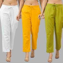 Combo of 3 Women Trouser Pants Cotton Flax White Yellow and Olive Green-11683