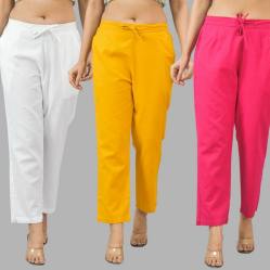 Combo of 3 Women Trouser Pants Cotton Flax White Yellow and Pink-11677