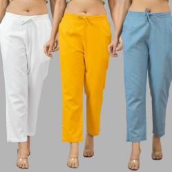 Combo of 3 Women Trouser Pants Cotton Flax White Yellow and Sky Blue-11676