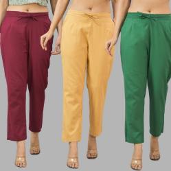 Combo of 3 Women Trouser Pants Cotton Flax Wine Beige and Bottle Green-11650