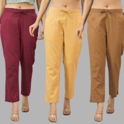 Combo of 3 Women Trouser Pants Cotton Flax Wine Beige and Brown-11645