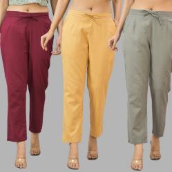 Combo of 3 Women Trouser Pants Cotton Flax Wine Beige and Gray-11648