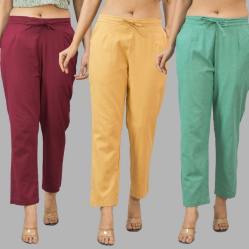 Combo of 3 Women Trouser Pants Cotton Flax Wine Beige and Green-11647